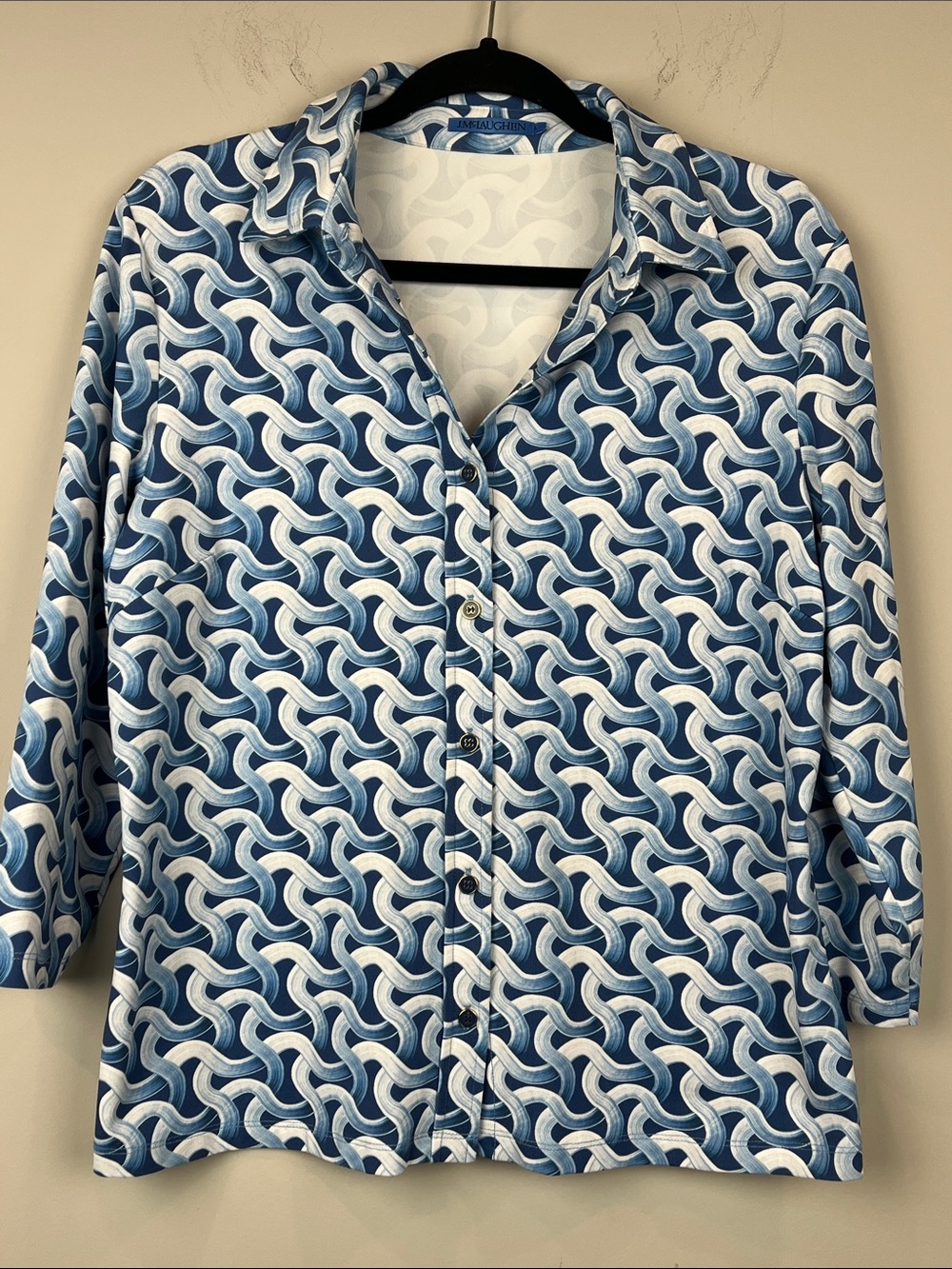 J.McLaughlin Catalina Cloth Button Down Blouse Top Blue White Geometric Preppy L
